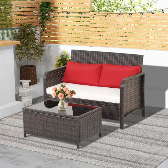Costway 2 PCS Outdoor Patio Wicker Furniture Set with Tempered Glass Tabletop & Cushions {1}
