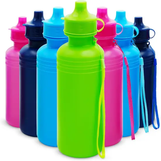 4E's Novelty 22 Pack Water Sports Bottles for Kids Bulk, 18 oz Squeeze Reusable Plastic Neon Colors BPA Free Bike Water Bottles, Party Favor, End of Year Student Gifts from Teacher {1}