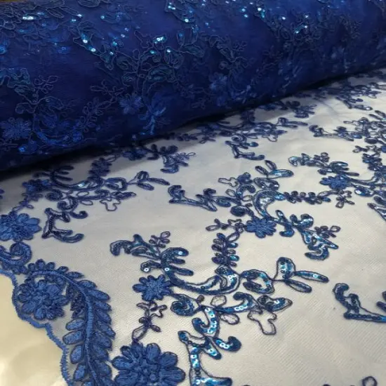1 Yard Royal Blue Metallic Flowers Sequins Mesh Lace Fabric for Tablecloths and Costumes {3}