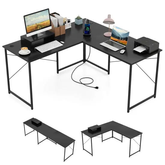 Costway L-Shaped Reversible Computer Desk 2-Person Long Table w/Monitor Stand {8}