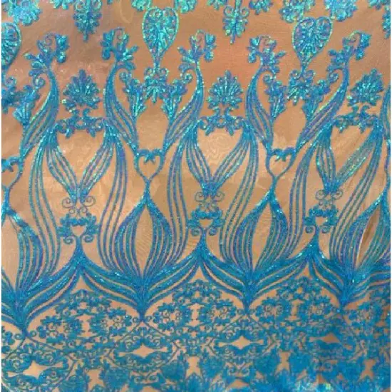 1 Yard Nude Baby Blue Damask Mesh Lace Iridescent Embroidered Fabric 48&ndash;50" Wide Bridal & Formal Wear {1}