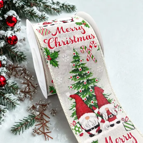 Designer&rsquo;s Shop WR 63-5205 Merry Christmas Gnome & Tree Wired Edge Ribbon &ndash; 2.5" x 10 Yards &ndash; Holiday Candy Cane, Gift, and Holly Design {4}