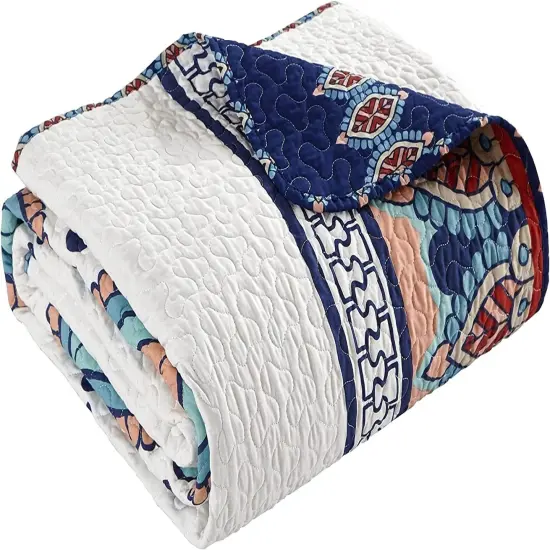 Boho Reversible Cotton Quilt Set Queen Size Blue White 4 Piece {3}