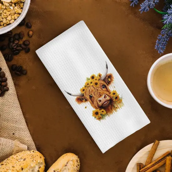 Sunflower Highland Cow Waffle Weave Kitchen Towels (16x24) - Summer Highland Cow Hand Towels for Bathroom {4}