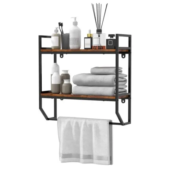 Rustic Brown Wall Mounted Bathroom Shelf with Towel Bar Modern 2 Tier Over Toilet Storage Rack {1}