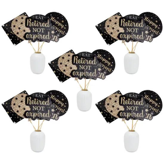 Happy Retirement Decorations Party Centerpieces, Black and Gold Stick Table Toppers, 5 Designs (30 Pieces) {1}