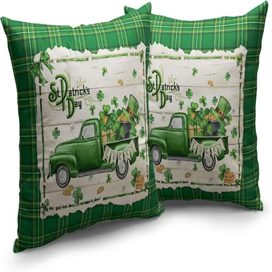 St Patricks Pillows Covers 18x18 Lucky Green Truck Filled with Shamrock Hat Gold Coin Throw Pillow Covers Green Buffalo Plaid {2}