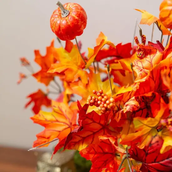 2 PCS Fall Artificial Maple Leaves Branches with Pumpkins {3}