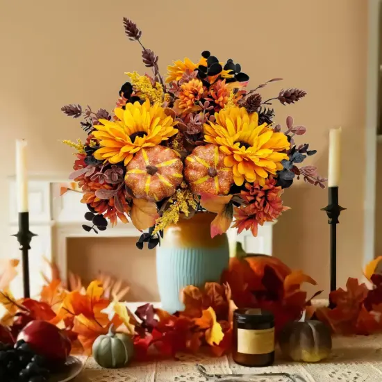2 Packs Fall Fake Mums Pumpkin Flower Arrangements {2}