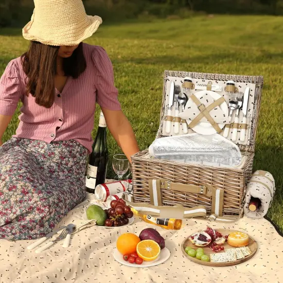 31Pcs Picnic Basket for 4 -Wicker Picnic Set with Waterproof Blanket & Wine Bag| Large Picnic Hamper with Insulated Cooler & Cutlery Kit for Couples Camping,Brown Flower,16x12x7.5inch {2}