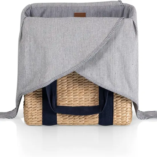 Parisian Picnic Basket, Insulated Seagrass Picnic Basket, Waterproof, Stylish, Perfect for Picnics, Beach, Office Lunches, Dinner Parties, and Gifts (Beige with Navy Blue Accents) {5}