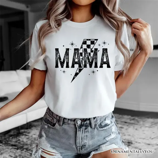 Checkered Lightning Bolt Mama Tee, Vintage Retro Black and White Tee for Energetic Moms {2}