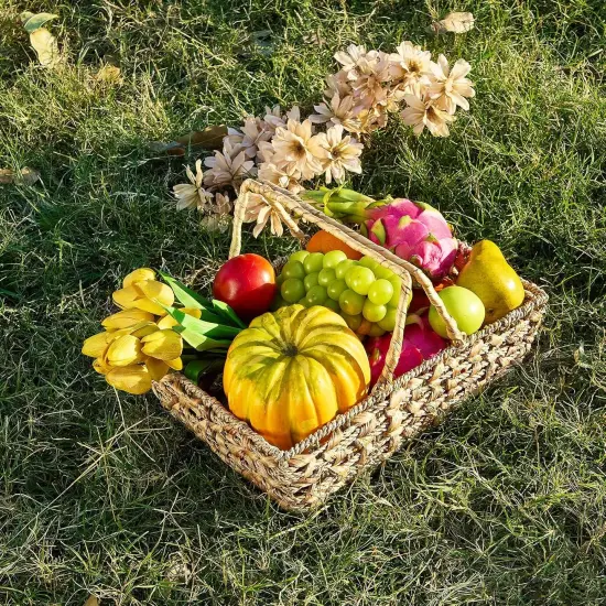 Wicker Picnic Basket with Handles, Wicker Baskets with Wooden Base for Picnic, Camping & Storage Basket {3}