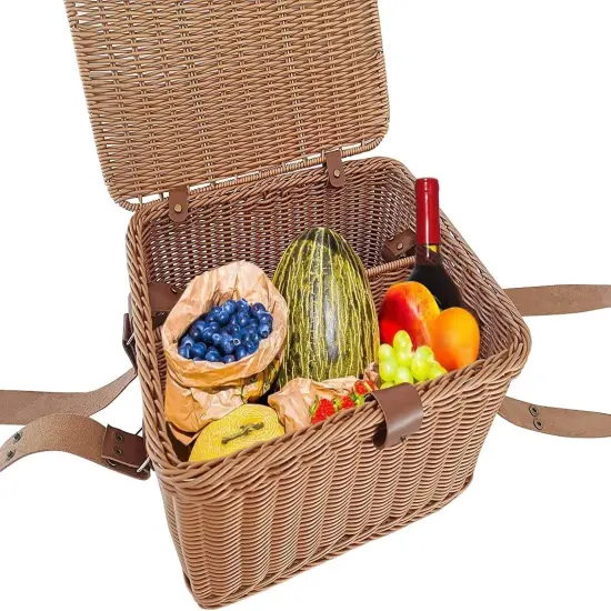 Wicker Picnic Basket for Picnics, Parties and BBQs, Hand Woven Polypropylene Fibers That Will Last with Leather Straps {5}