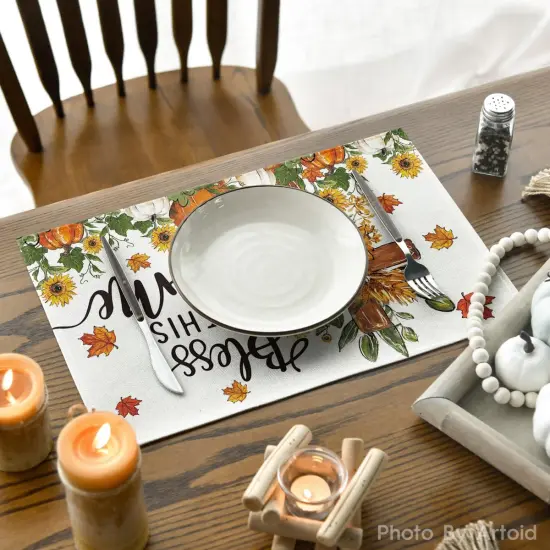Set of 4 Cross Pumpkins Fall Placemats - 12x18 Inch (Beige) {4}