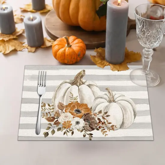 Set of 4 Fall Stripe with Pumpkin Placemats - 12x18 Inch {2}