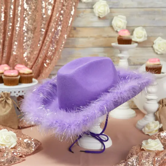 Womens Cowboy Hat - Cute, Fluffy, Sparkly Cowgirl Hat with Feathers for Halloween, Birthday, Bachelorette Party (Purple) {2}