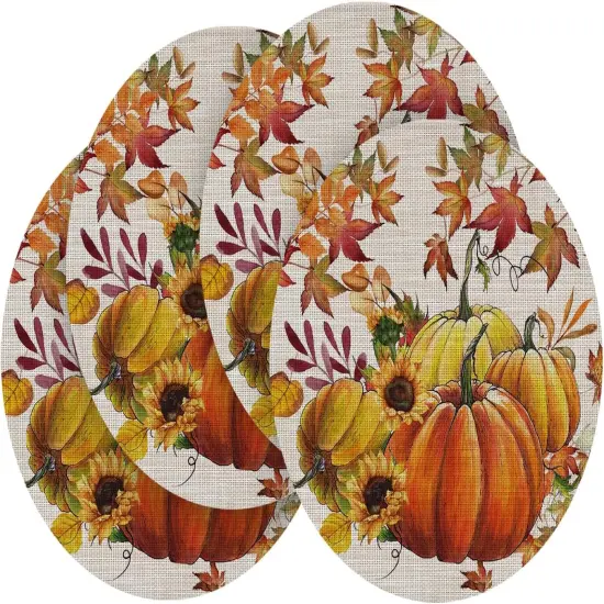 Set of 4 Pumpkins Maple Leaves Vinyl Round Fall Placemats - 14 Inch (Beige) {1}