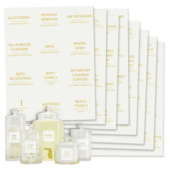 Talented Kitchen 144 Minimalist Laundry Room Labels, Organization Stickers for Glass Jars, Containers, Spray Bottles (Gold Print on White Matte Backing) {1}