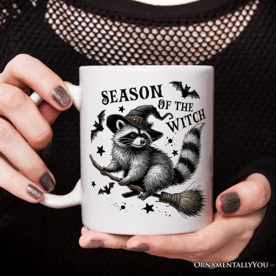 Funny Racoon Witch with Broom Mug, Vintage Halloween Gift {1}