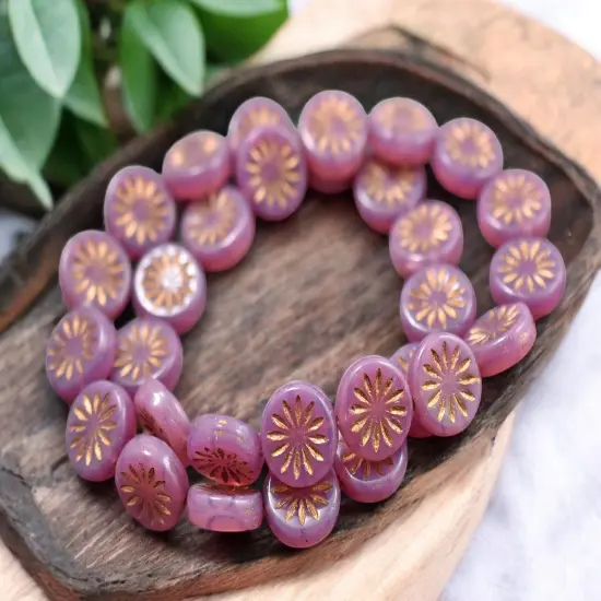 *15* 12mm Bronze Washed Pink Opaline Aster Flower Coin Beads {3}