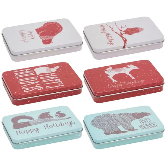 6 Pack Tin Christmas Gift Card Boxes With Lids for Stocking Stuffers, 6 Winter Animals Designs (5 x 3.25 In) {7}