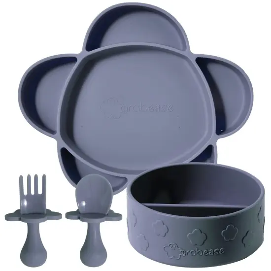 Grabease Baby Feeding Set - Silicone Plates, Bowls, and Suction Plates for Baby-Led Weaning and Portion Control - Suction Bottoms 4 Piece Set, BPA and Phthalates-Free, Gray Grey {1}