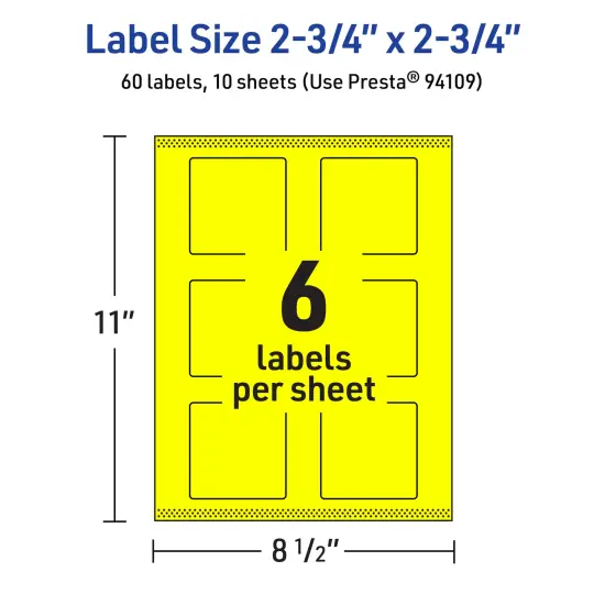 Avery Neon Yellow Paper Labels, 2.75" x 2.75" Square {5}