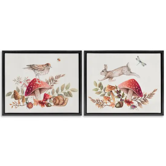 Stupell Industries Woodland Bird Rabbit Mushrooms 2 pc Framed Floater Canvas Wall Art Set Design by Janice Gaynor {1}