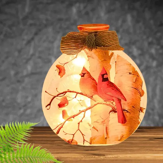 Stony Creek 4.5 Inch Fall Cardinals Pre-Lit Round Sm Thanksgiving Lighted Glass Accent , Thanksgiving Decor Jar Ribbon Autumn White {4}