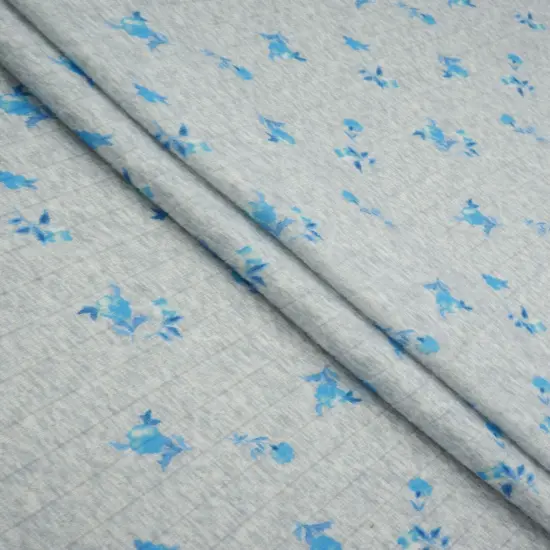 1 Yard 93% Polyester 7% Spandex Cotton-Style Pointelle Ditsy Floral Digital Print Fabric 58/60" Width H.GREY/BLUE {2}