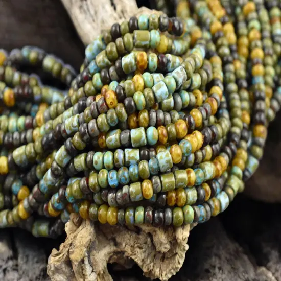 6/0 Aged Azul Heart Picasso Czech Glass Seed Bead Bugle Mix (21" Strand) {4}