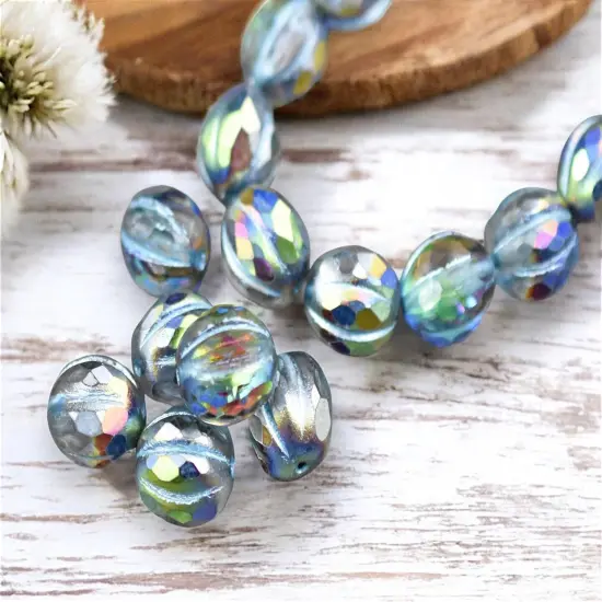 *12* 10mm Metallic Turquoise Washed Crystal AB Faceted Round Melon Beads {5}
