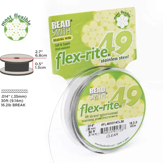 The Beadsmith Flex-Rite Beading Wire - Stainless Steel Micro Flexible Wire, 49 Strand, Clear Color, .014" Diameter, 30-Foot Spool, Nylon Coated {4}