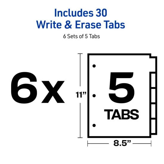 Avery Big Tab Write & Erase Dividers for 3 Ring Binders, 5-Tab Set, Multicolor Divider Tabs, Great for Organizing Projects, Reports, Finances, and More (6-Pack of 23076) {6}
