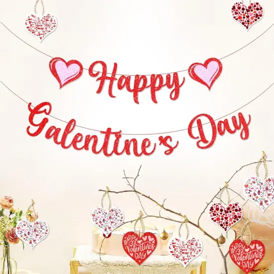 Happy Valentines Day Banner Red Glittery Paper Decorations {2}