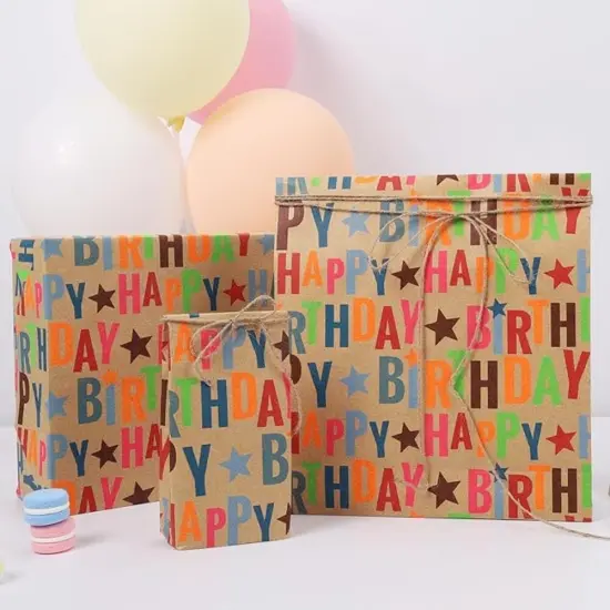 LaRibbons 17" X 33' Kraft Wrapping Paper | Happy Birthday Text {3}
