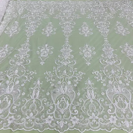 1 Yard Ivory Beaded & Sequined Embroidered Lace Fabric on 100% Polyester Mesh, 54" Wide {1}