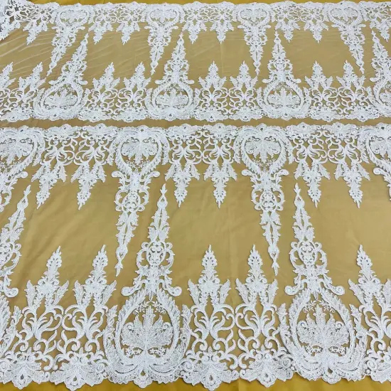 1 Yard Beaded & Corded Bridal Lace Fabric on 100% Polyester Net Mesh, Embroidered Lace Fabric, 51" Width White {1}