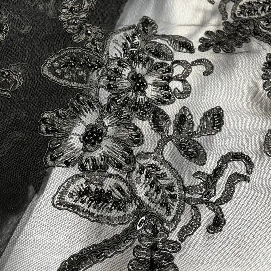1 Yard Beaded and Corded Bridal Lace Fabric Embroidered on Soft Polyester Net Mesh 50" Width Black {7}