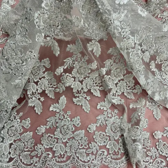 1 Yard Beaded & Corded Embroidered Bridal Lace Fabric, 100% Polyester Net Mesh, 52"-54" Wide Ivory {3}