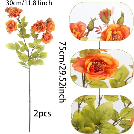 2 Pcs Artificial Fall Rose Flowers with Stems Orange Silk Flowers {2}