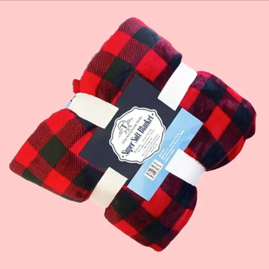 50x60" Checkered Red & Black Sherpa Throw Blanket Coral Fleece Front {4}
