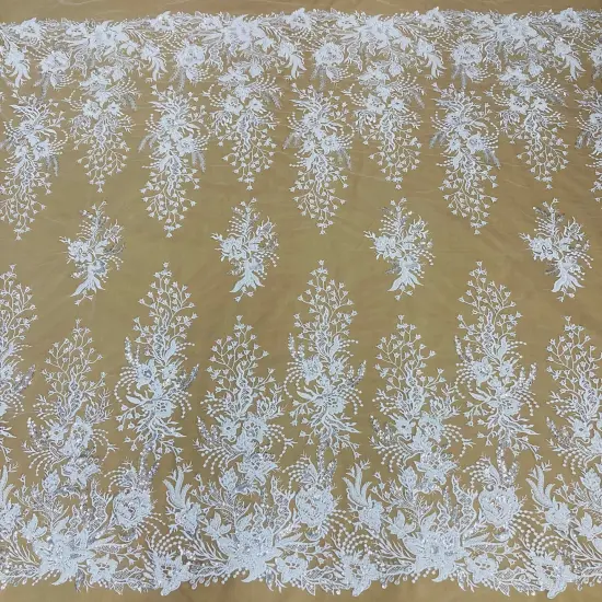 1 Yard Beaded Lace Fabric Embroidered on 100% Polyester Net Mesh, Gold, 52" Width, Premium Lace Fabric for Dresses & Crafts White {4}