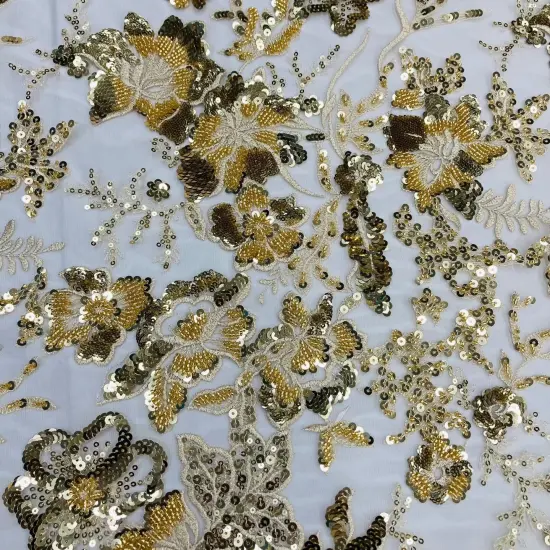 1 Yard Ivory Gold Beaded & Sequined Embroidered Lace Fabric on Polyester Mesh 48" Width Ivory with Gold {4}