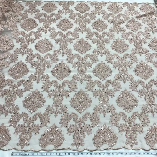 1 Yard Elegant Beaded Lace Fabric Embroidered on 100% Polyester Net Mesh for Special Occasions 56" Width Dusty Rose {1}