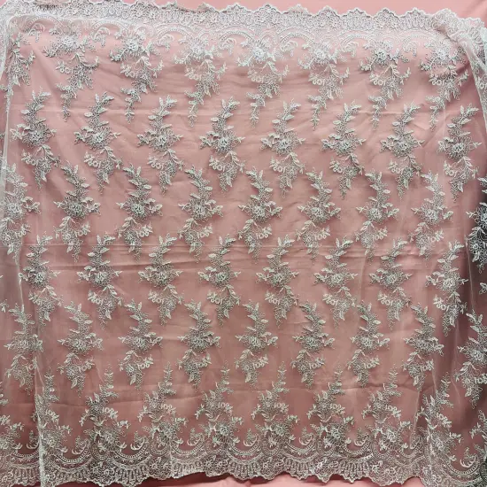 1 Yard Elegant Corded Bridal Lace Fabric Embroidered on 100% Polyester Net Mesh 51 inch Width Ivory {5}