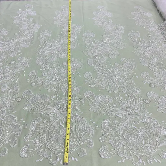 1 Yard Beaded Lace Fabric Embroidered on 100% Polyester Net Mesh, 52" Width, Premium Lace Fabrication Ivory {1}
