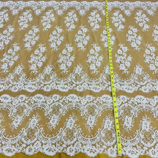 1 Yard White Beaded & Corded Bridal Lace Fabric, 51" Wide Embroidered Polyester Mesh Silver {2}