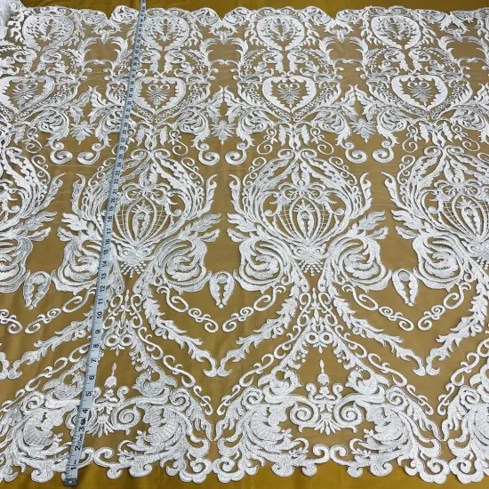 1 Yard White Corded Bridal Lace Fabric, 48&rdquo; Wide Embroidered Polyester Mesh {1}